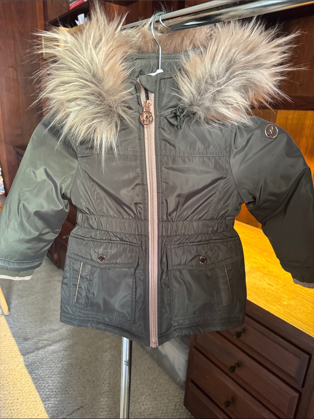 Kids Winter Parka Jacket with Faux Fur Hood - Olive Green